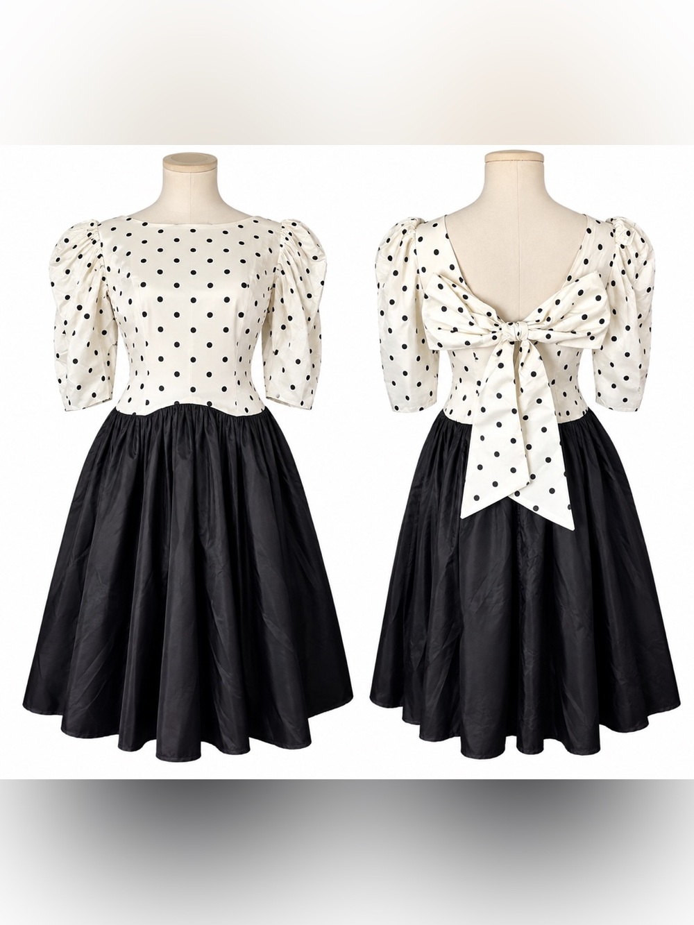 Vintage Handmade Black & White Polka Dot Taffeta Dress Removable Bow Puff Sleeve